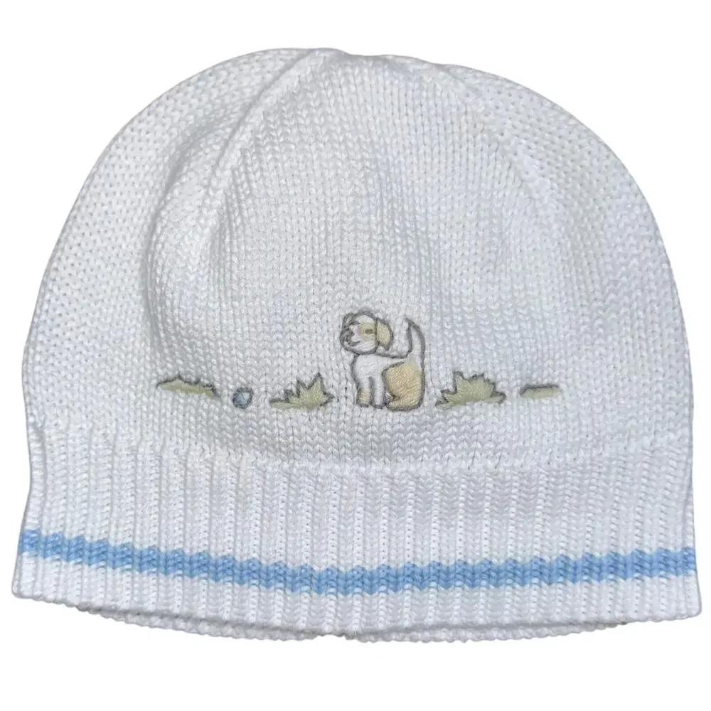 Janie and Jack White Blue Baby Boy Embroidered Dog Puppy Cotton Beanie Cap 0-3M